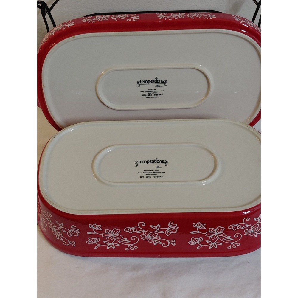 Temp-tations by Tara Floral Lace 2 Qt Baking Dish Set w Lid Tray Rack Red Floral - Picture 11 of 12